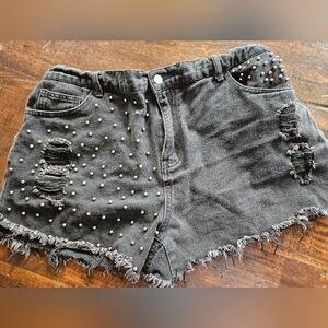 SHEIN Black Studded Distressed High-Waist Denim Shorts